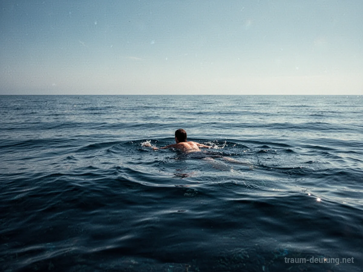 Eine Person schwimmt allein im weiten offenen Meer