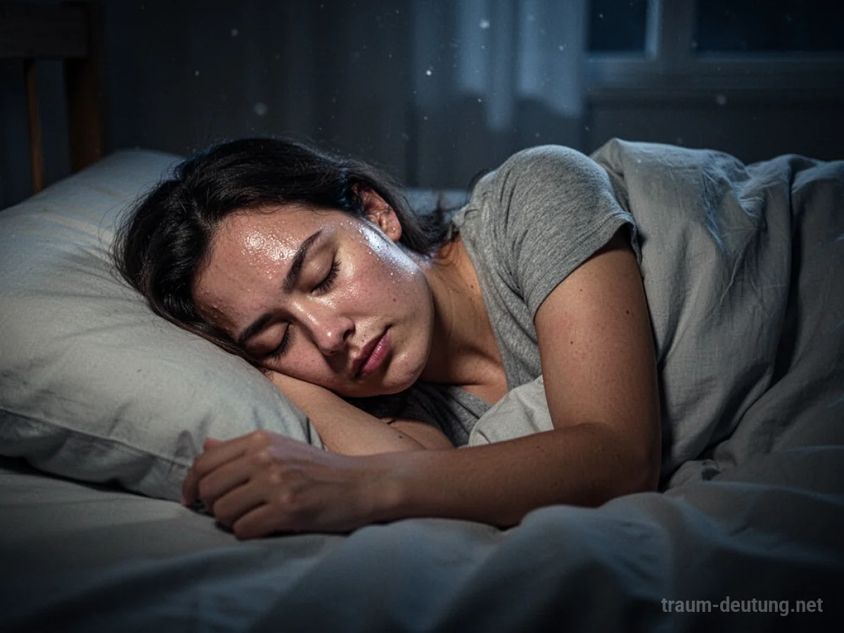 Person schläft im Bett, leichter Schweiß auf der Stirn