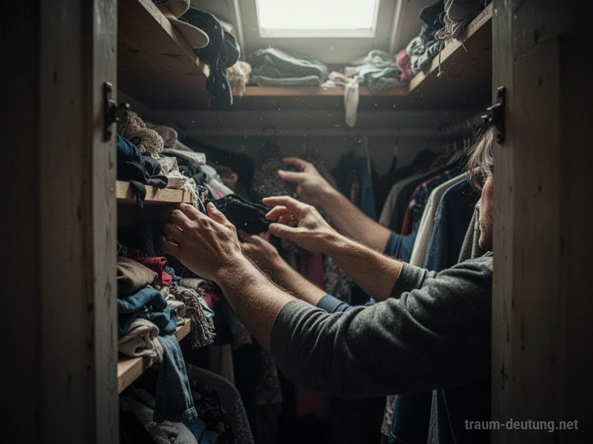 Hände durchsuchen einen dunklen, überfüllten Schrank nach Kleidung.