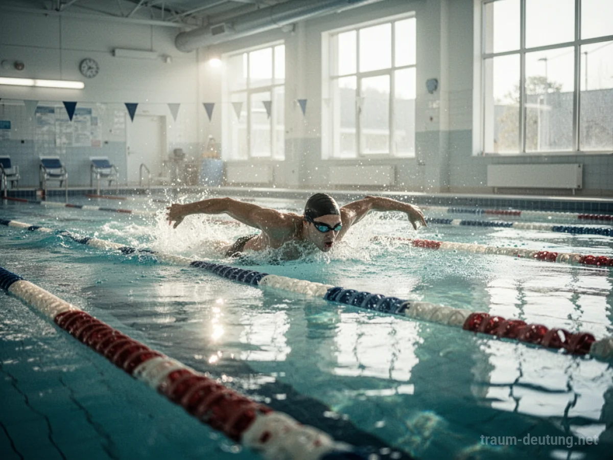 Eine Person schwimmt ruhig in einem hellen Schwimmbad.