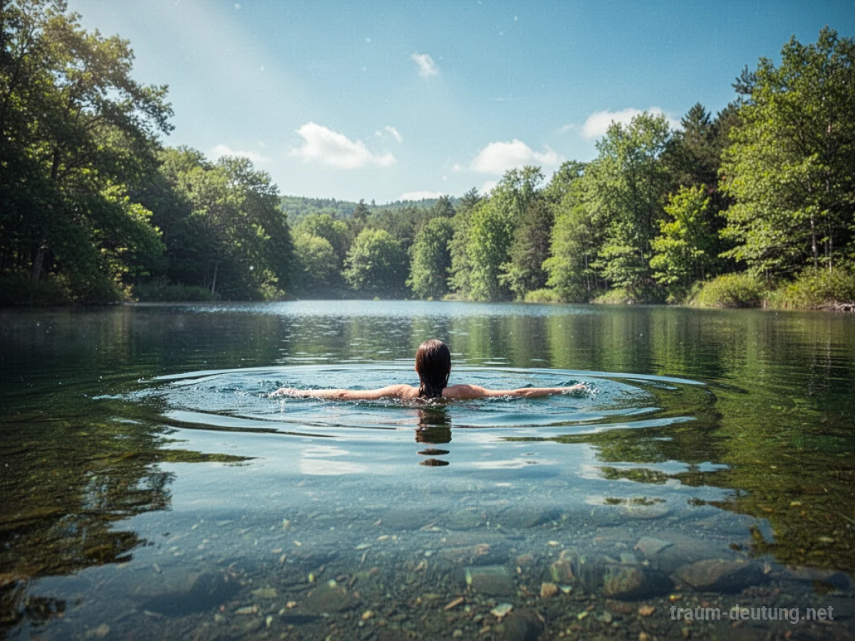 Person schwimmt entspannt in einem klaren See.