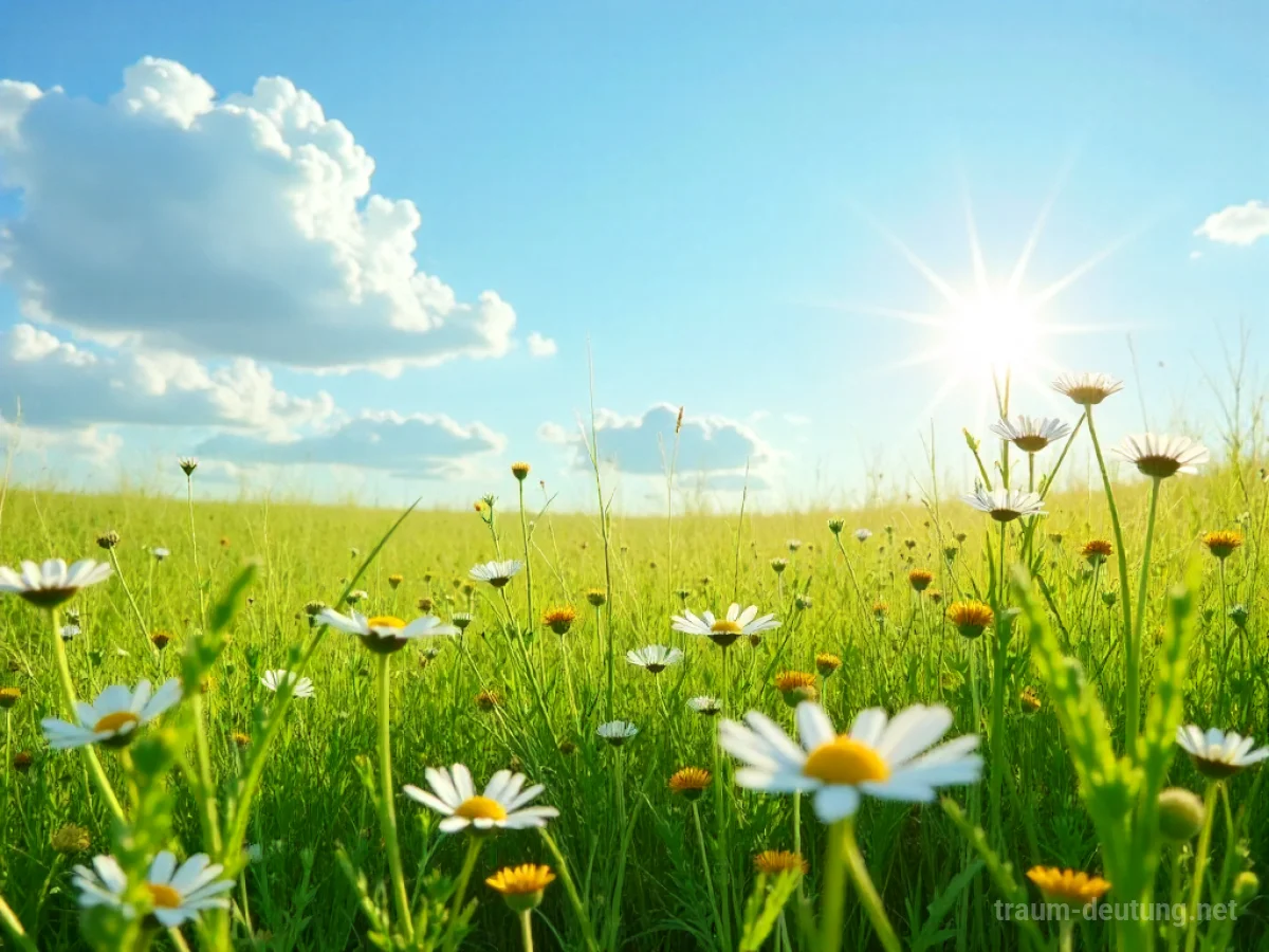 Eine sonnendurchflutete Wiese im Sommer mit blühenden Blumen.