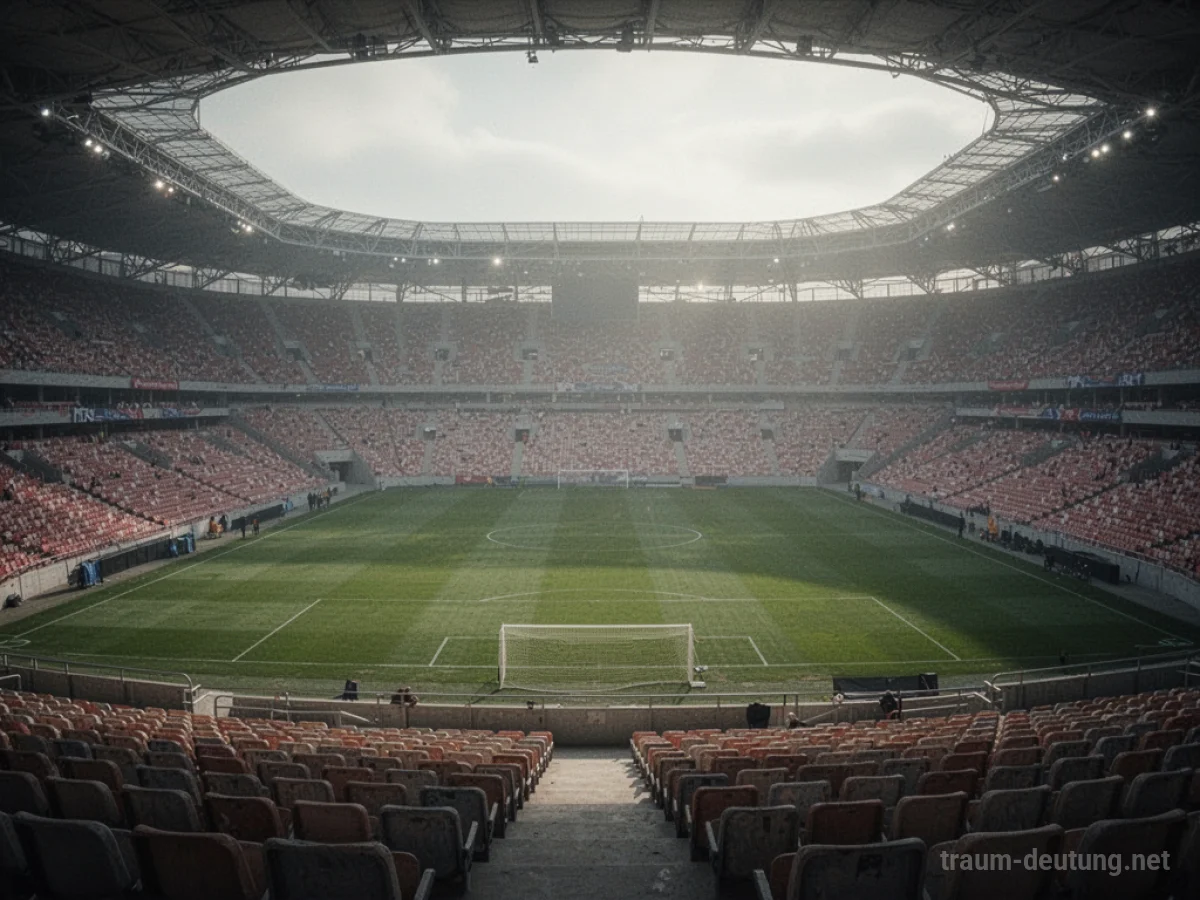 Leeres Stadion mit Tribünen und Spielfeld im sanften Licht