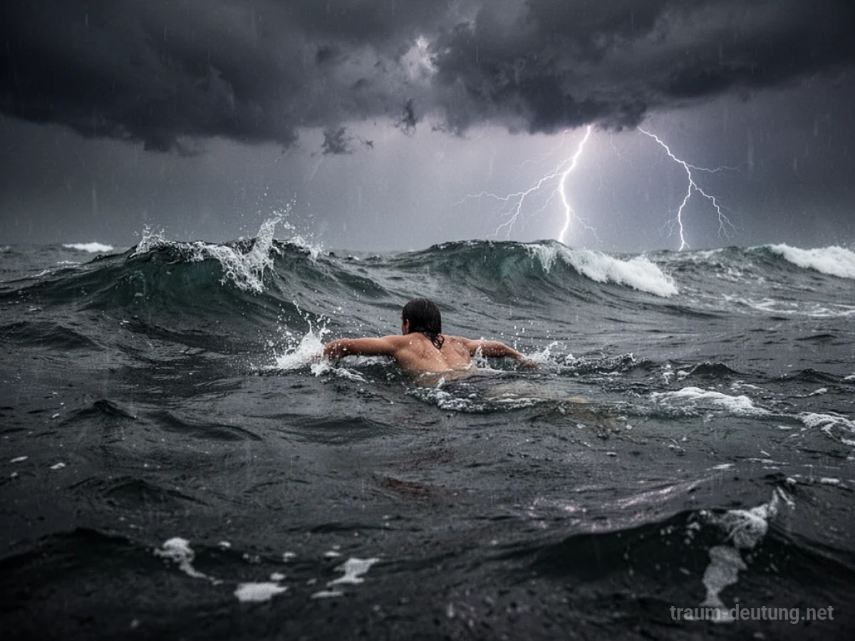 Eine Person schwimmt in stürmischer See unter bewölktem Himmel.