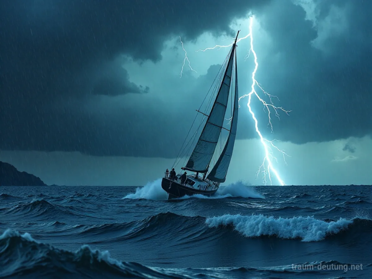Segelboot kämpft gegen hohe Wellen und starken Wind bei einem Sturm.