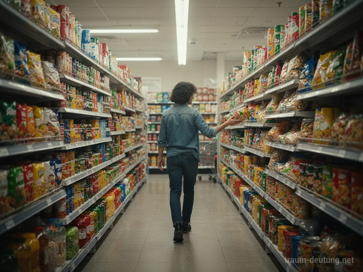 Eine Person kauft in einem gut gefüllten Supermarkt ein.