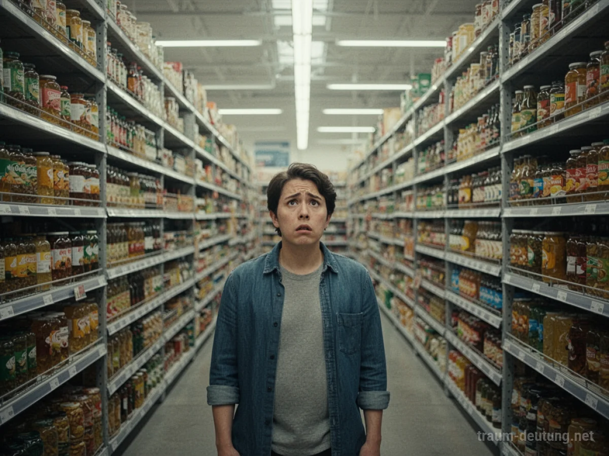 Person steht verwirrt in einem endlosen Supermarkt mit vielen Gängen.