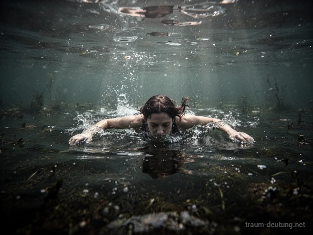 Eine Person schwimmt in trübem, dunklem Wasser.