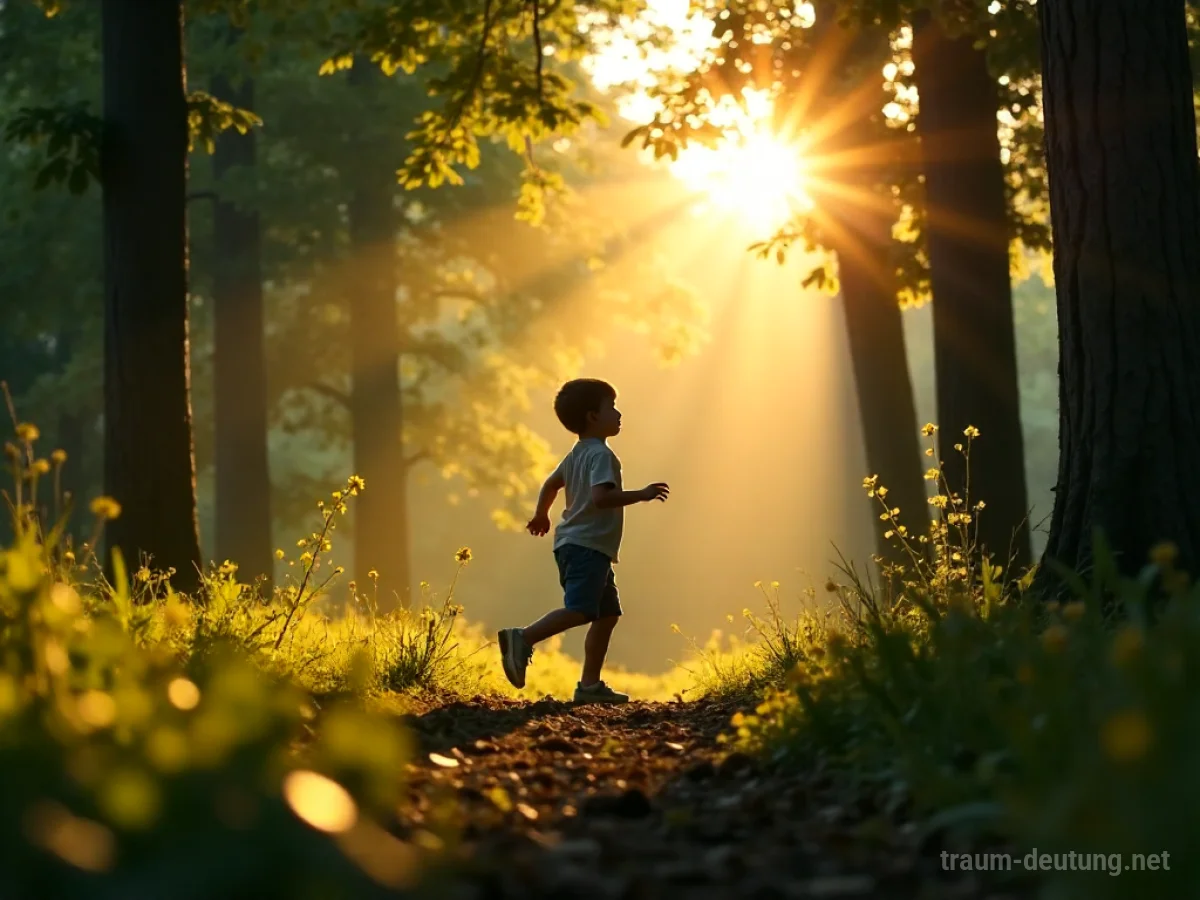 Kind spielt im sonnigen Waldlicht
