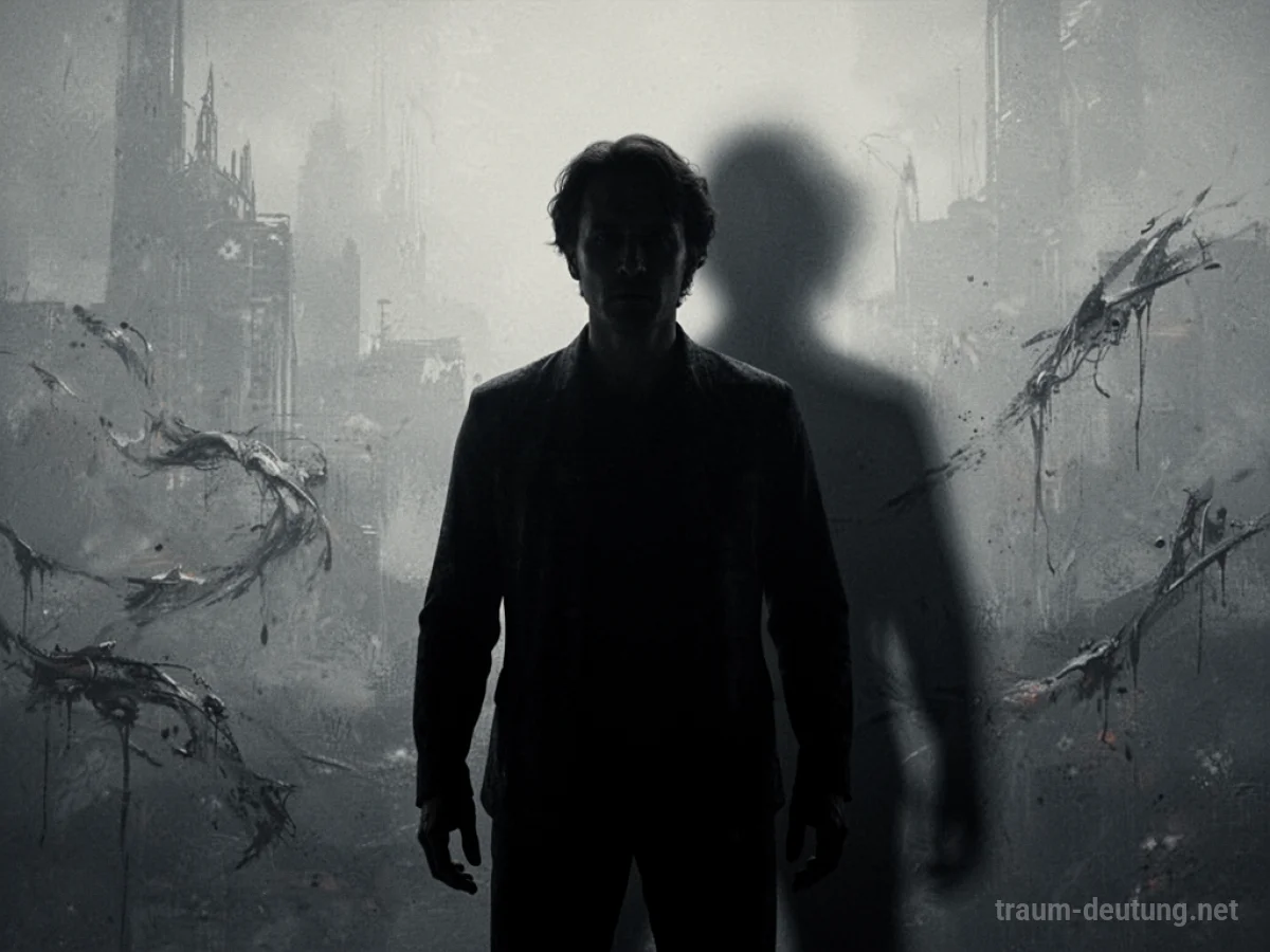 Silhouetten-Figur steht unter einem bedrohlichen Schatten, der auf ein Schuss-Symbol hindeutet.