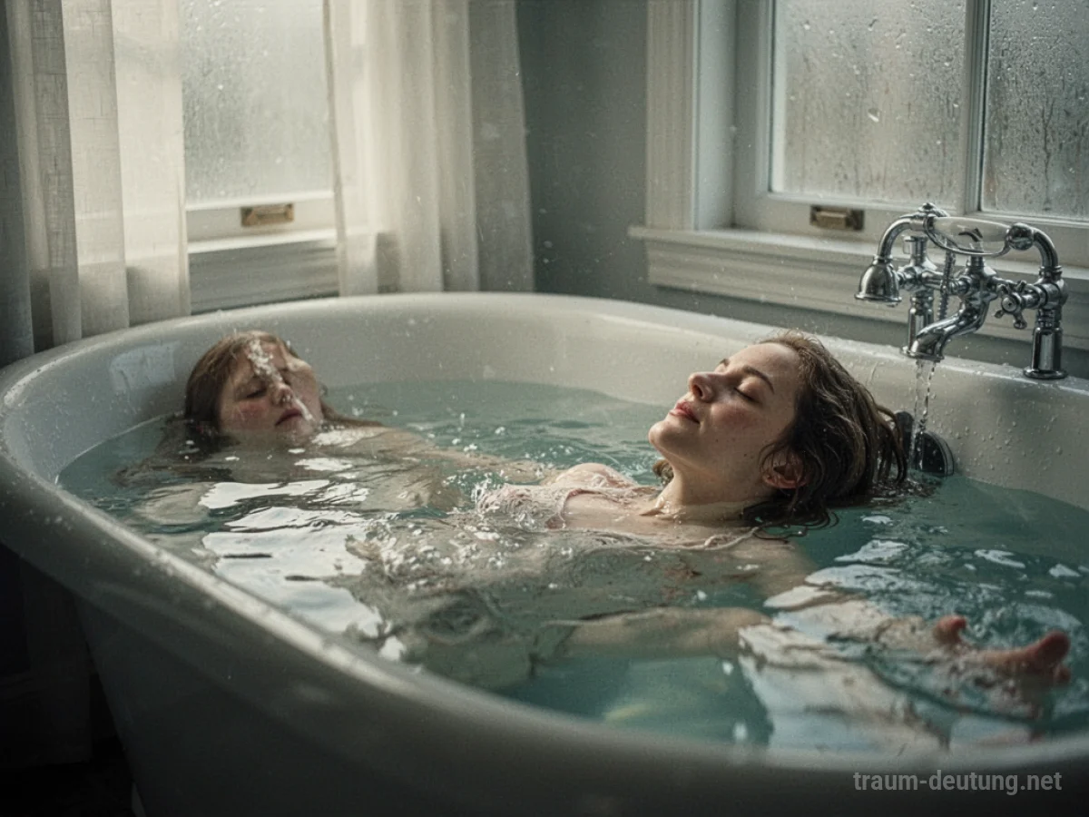 Eine Person schwimmt friedlich in einer Badewanne, umgeben von sanftem Licht.