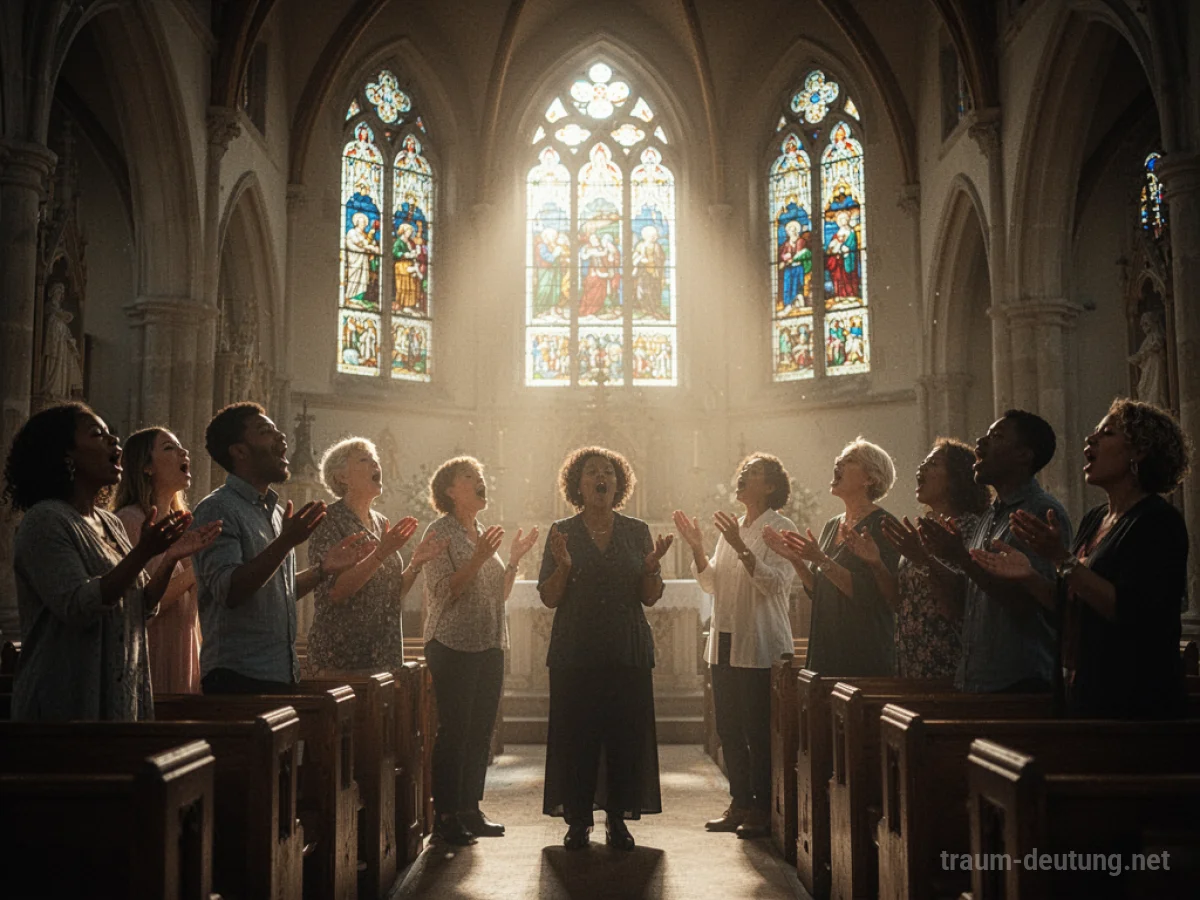 Menschen singen gemeinsam in einer hellen Kirche, Lichtstrahlen fallen durch die Fenster.