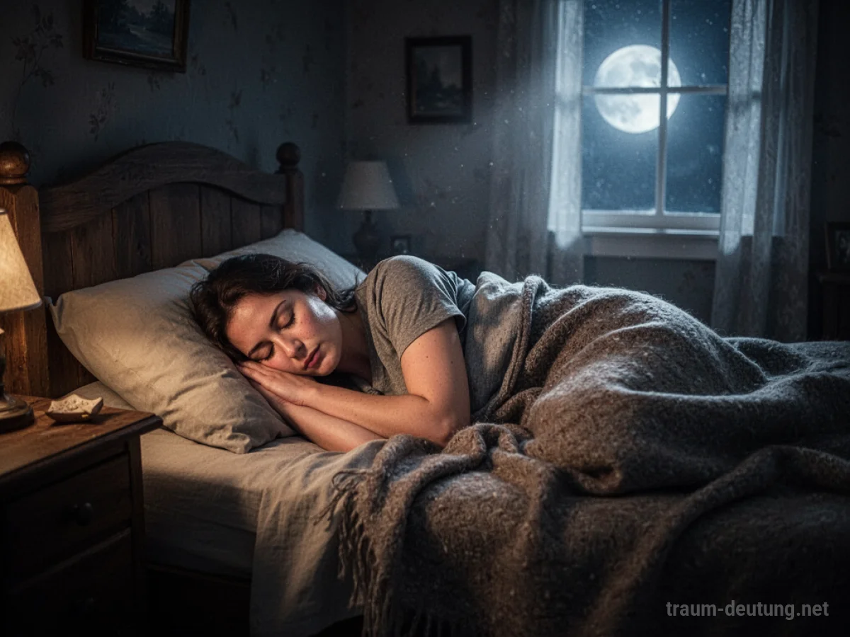 Eine Person schläft in einem unbekannten Bett, das von sanftem Mondlicht erhellt wird.