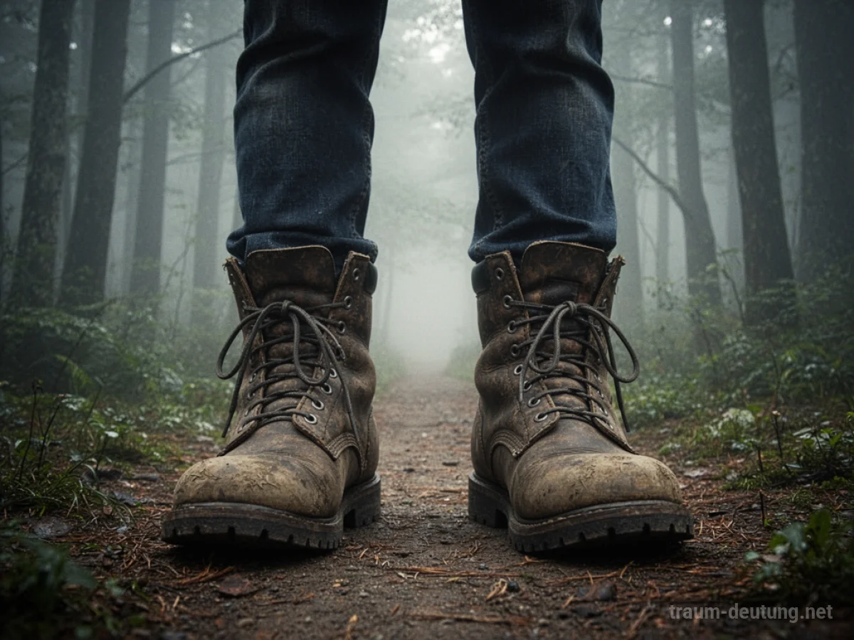 Fremde, zu große Stiefel auf einem Weg in einen Nebelwald