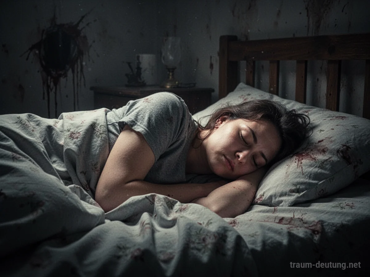 Eine Person schläft tief in ihrem Bett, während unbestimmte Schatten am Rand des Raumes lauern.