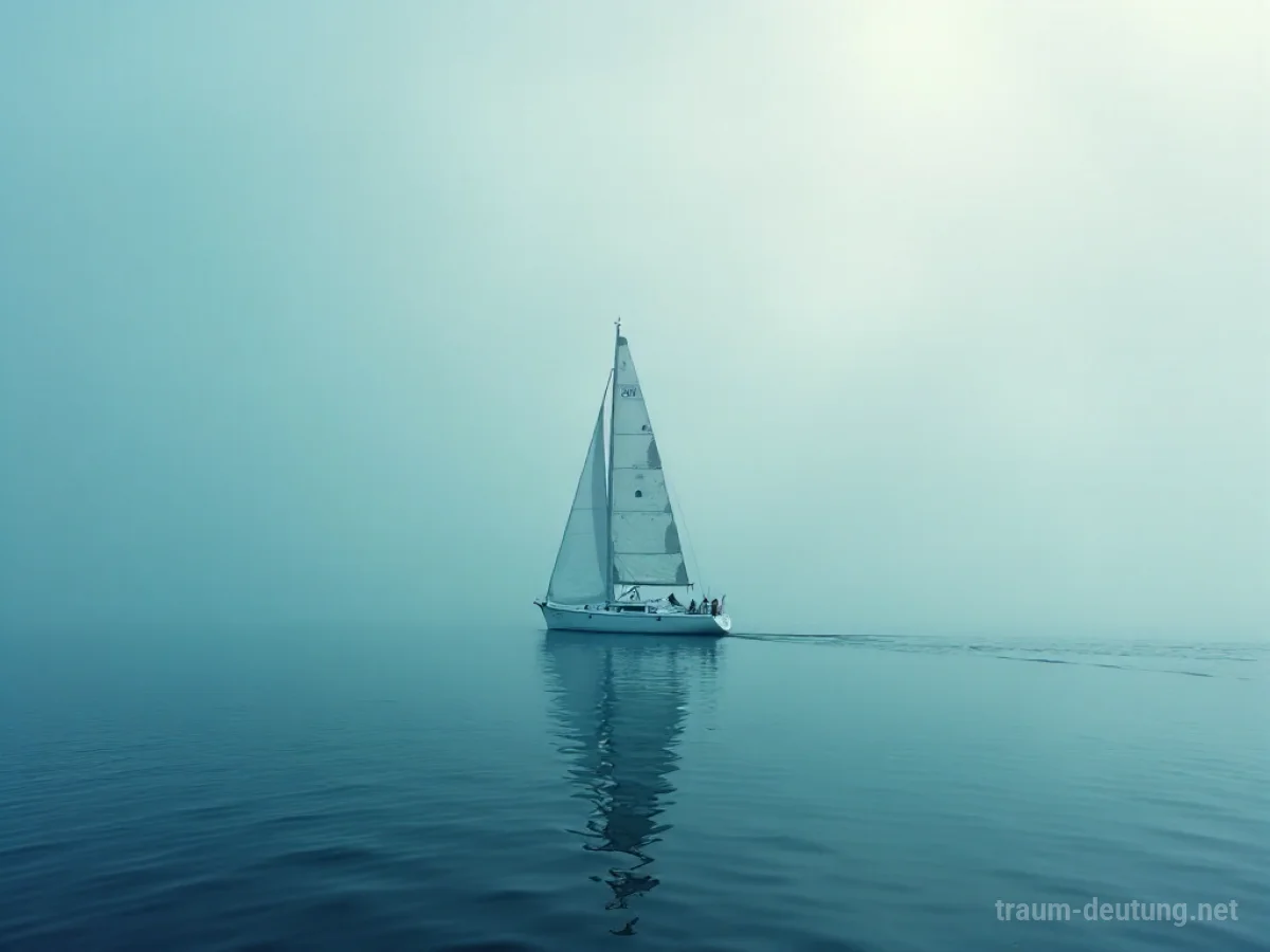 Segelboot fährt durch dichten Nebel auf ruhigem Meer.