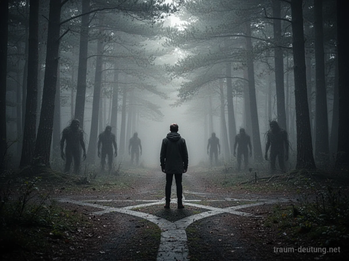 Eine einsame Gestalt steht an einer Weggabelung im Nebel.