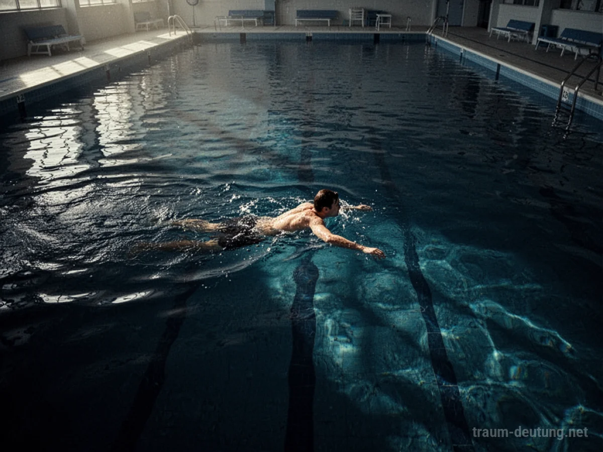 Person schwimmt in tiefem, dunklem Wasser eines leeren Schwimmbads.