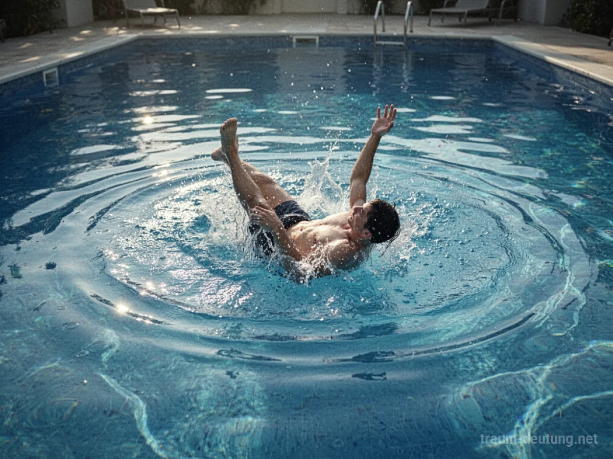 Person fällt in ein blaues Schwimmbad, Wasser spritzt auf.
