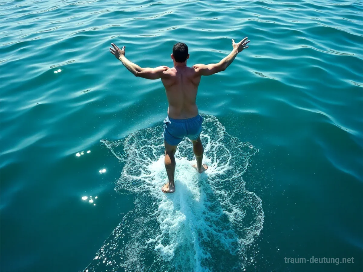 Eine Person springt ins klare blaue Wasser.