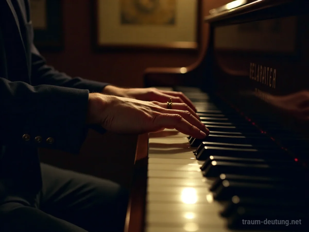 Hände spielen Klavier in einem stimmungsvoll beleuchteten Raum