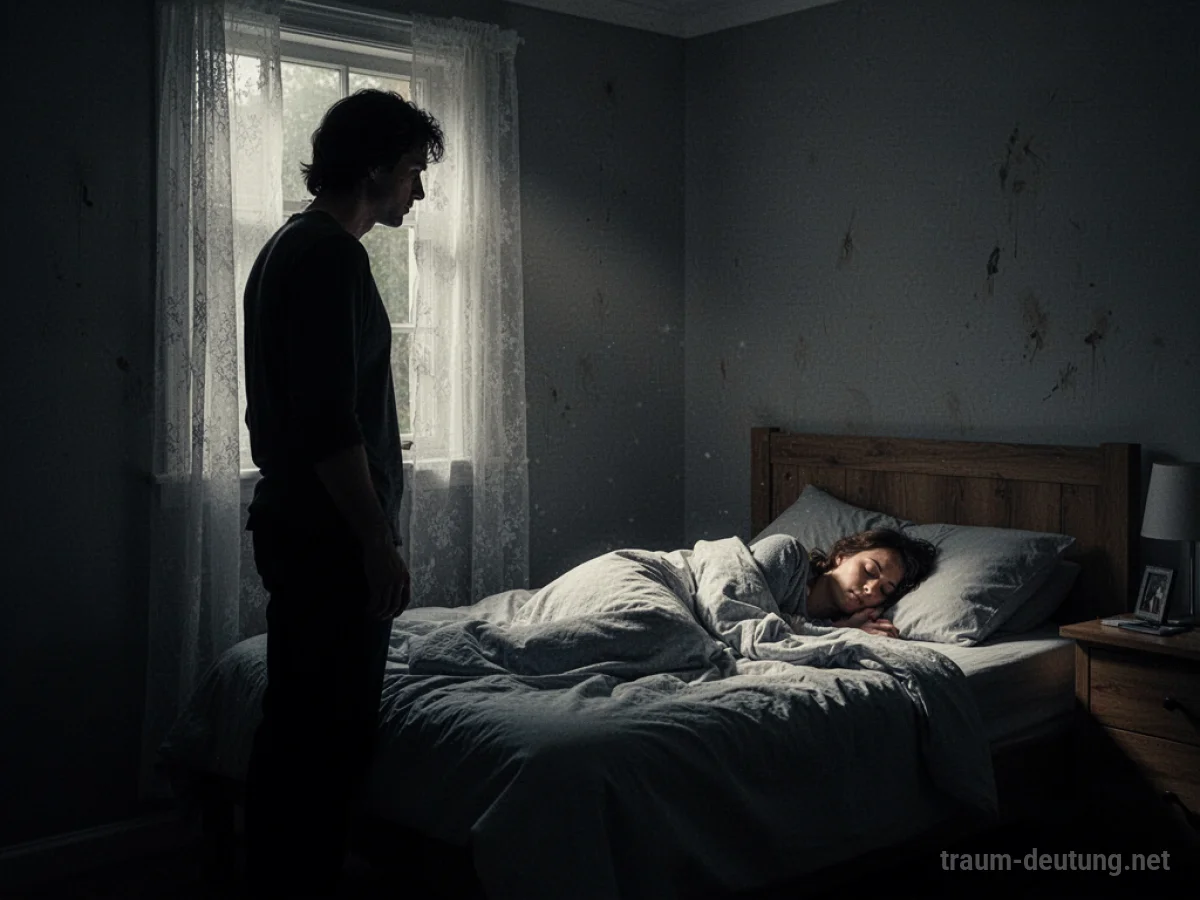Silhouette einer Person, die im dunklen Schlafzimmer auf ein Bett blickt
