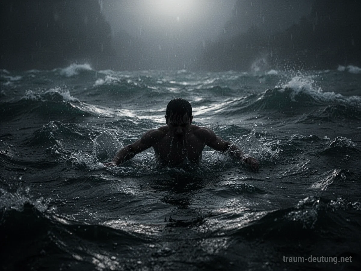 Schatten einer Person, die in dunklem Wasser kämpft, Licht über ihr.
