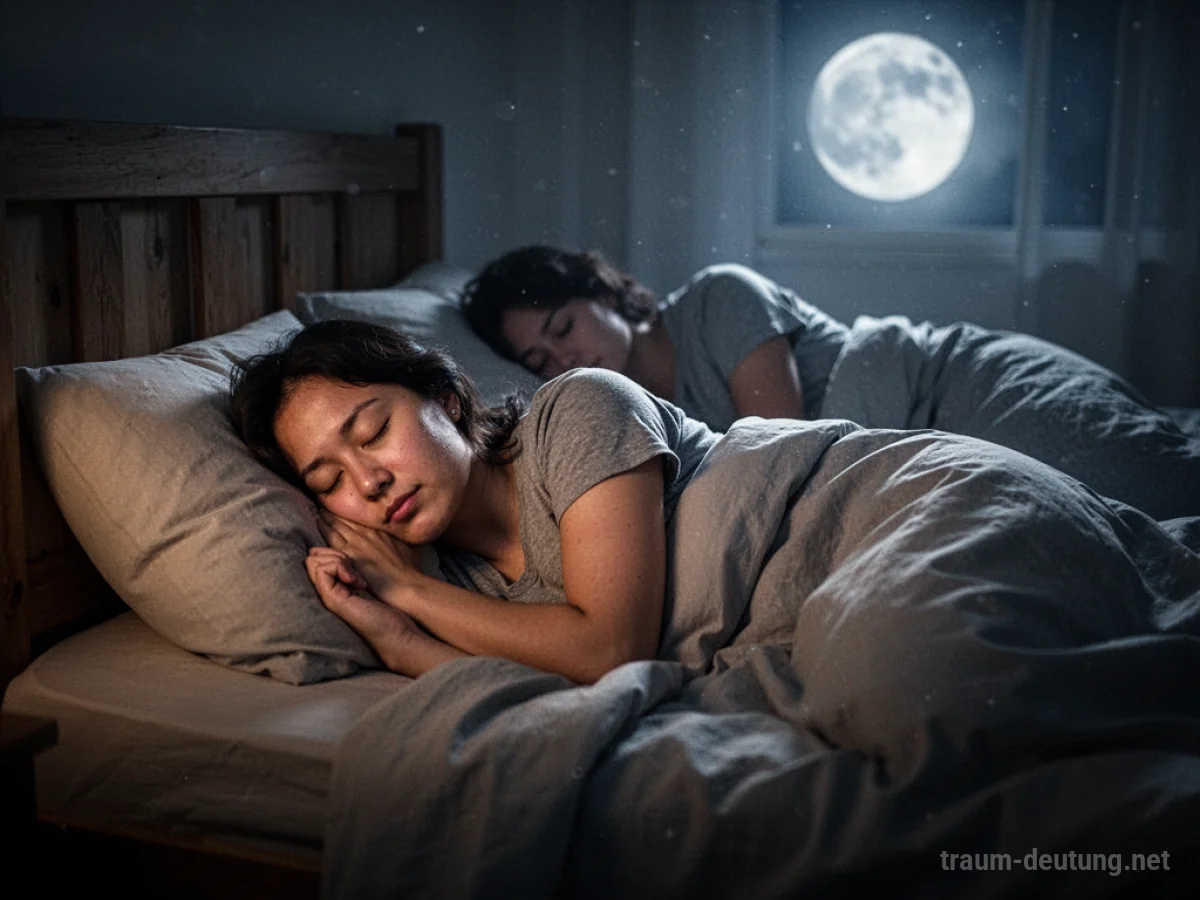 Eine Person schläft friedlich im Bett, neben ihr eine Schattenfigur.
