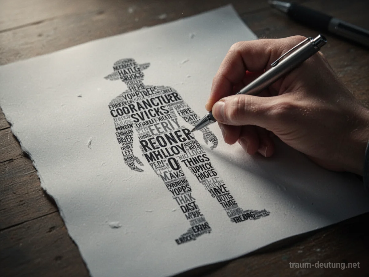 Hand schreibt auf Papier, Wörter formen eine Personensilhouette.