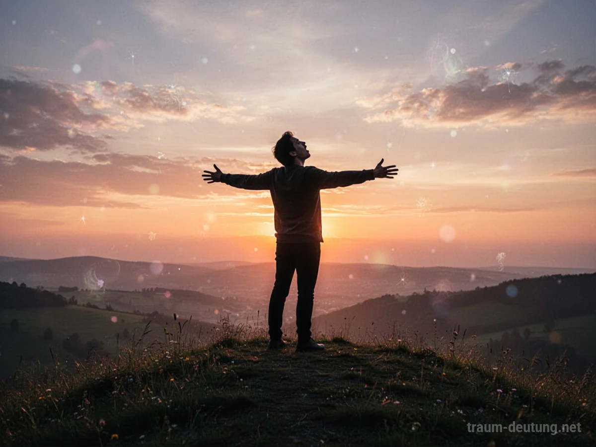 Silhouette einer Person, die auf einem Hügel steht und singt, die Arme zum Sonnenaufgang ausgestreckt.