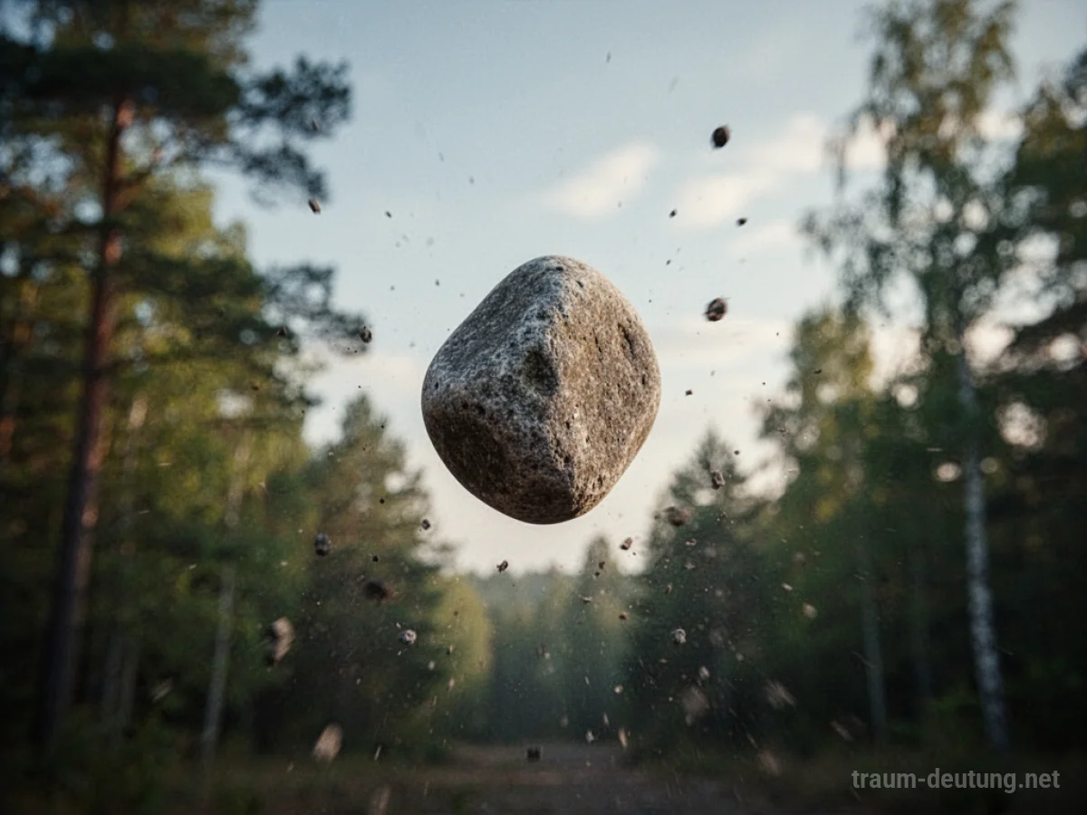 Ein Stein fliegt auf den Betrachter zu, vor einem verschwommenen Hintergrund aus Bäumen und Himmel.
