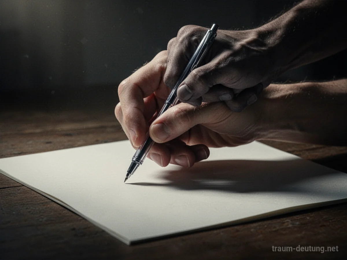 Eine Hand wird von einer anderen Hand gezwungen, auf einer leeren Seite zu schreiben.