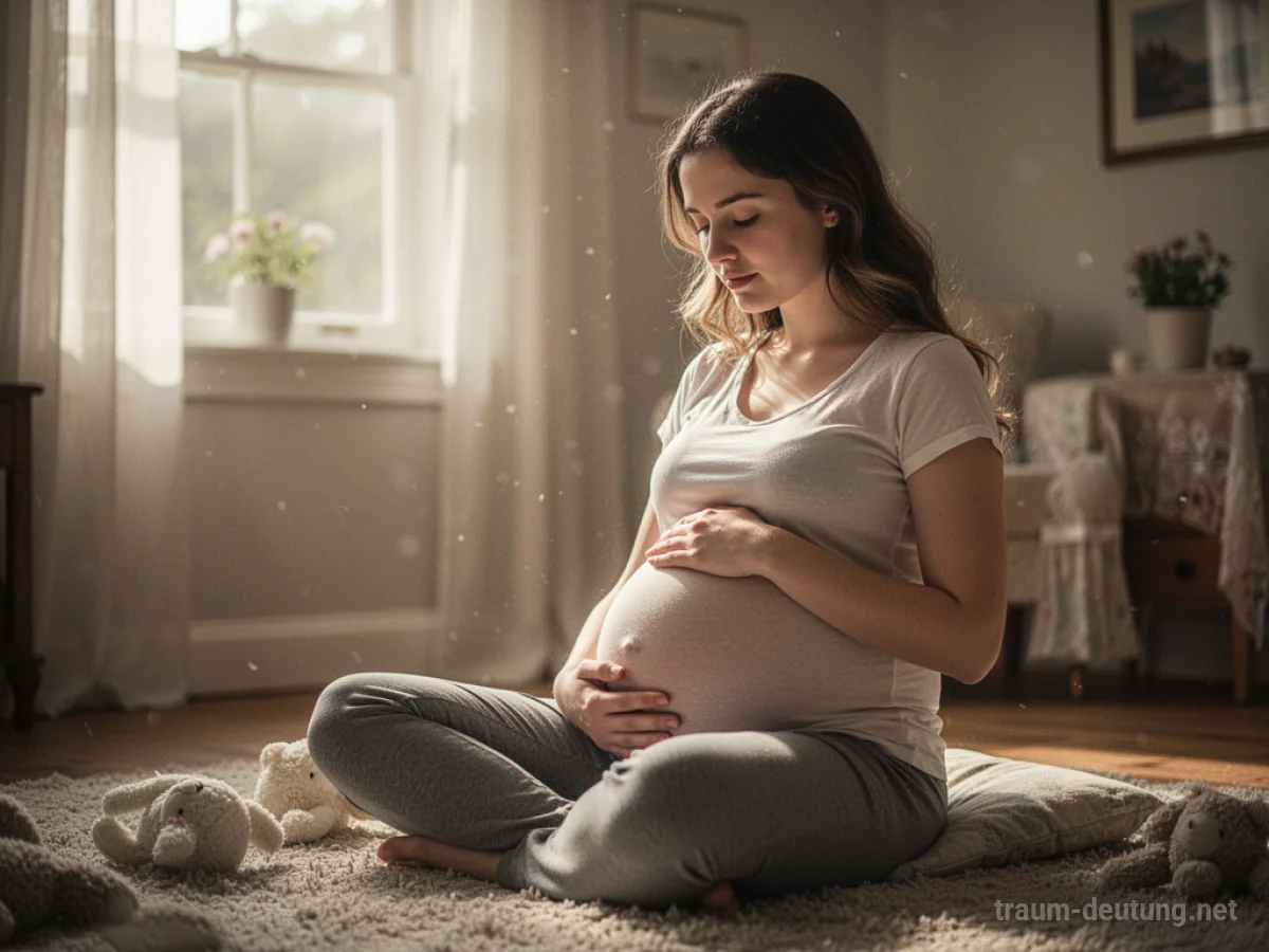 Junge Frau berührt sanft ihren Bauch in einem hellen Raum