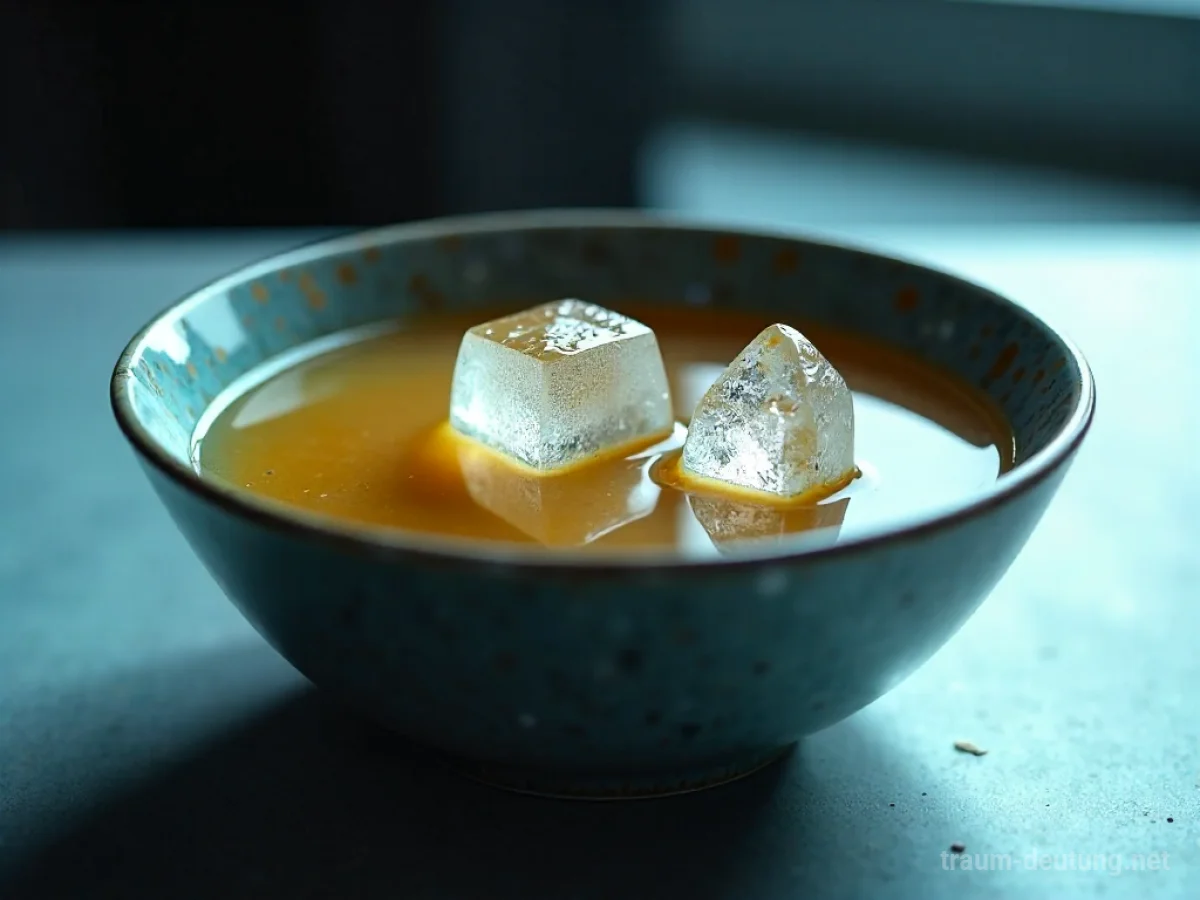 Eine Schüssel mit kalter Suppe und Eiswürfeln auf einem Tisch.