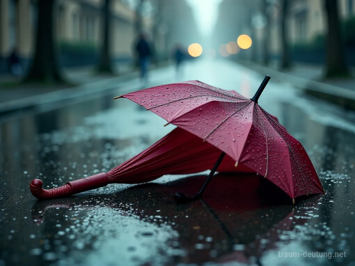 Ein kaputter Schirm liegt auf nassem Untergrund im Regen.
