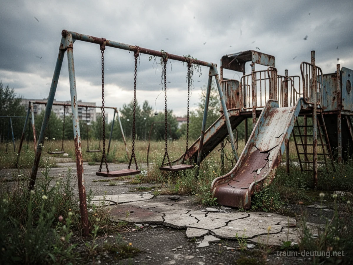 Ein verlassener, kaputter Spielplatz mit rostigen Schaukeln und einem Riss in der Rutsche.