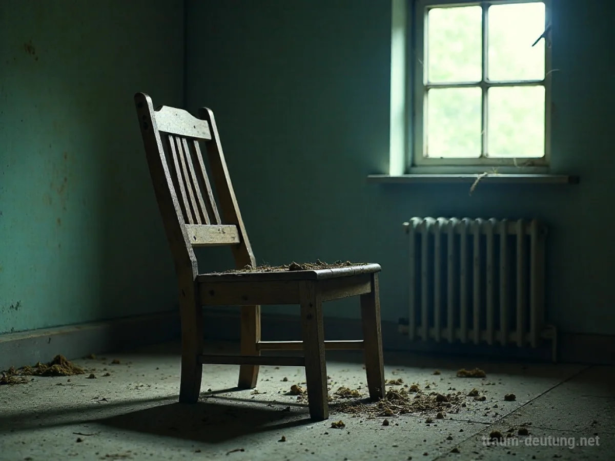 Ein zerbrochener Holzstuhl in einem dunklen Raum