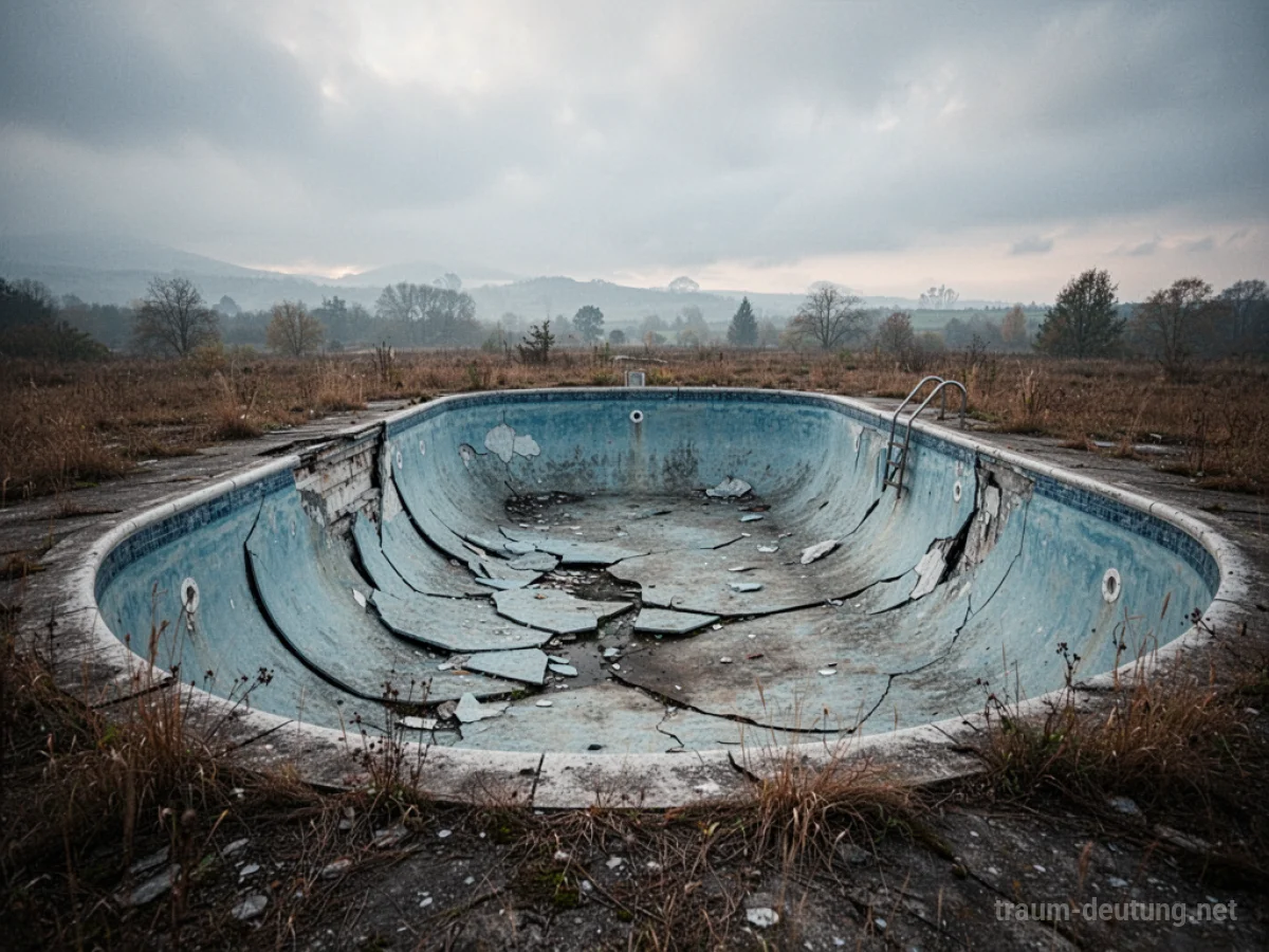 Ein kaputtes, leeres Schwimmbecken mit Rissen im Beton.