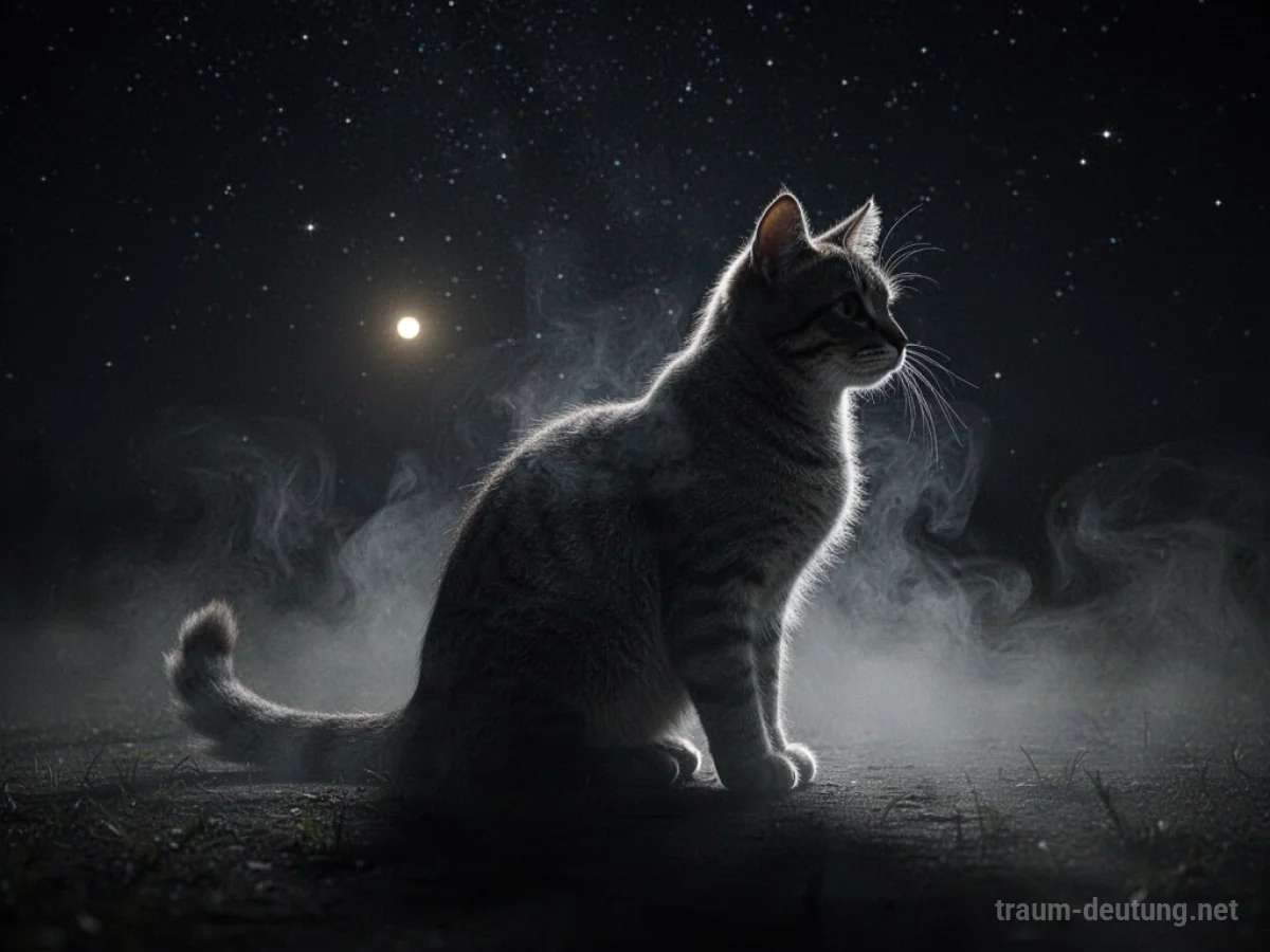 Silhouetten einer Katze, die im Nebel verschwindet, vor einem dunklen Nachthimmel.