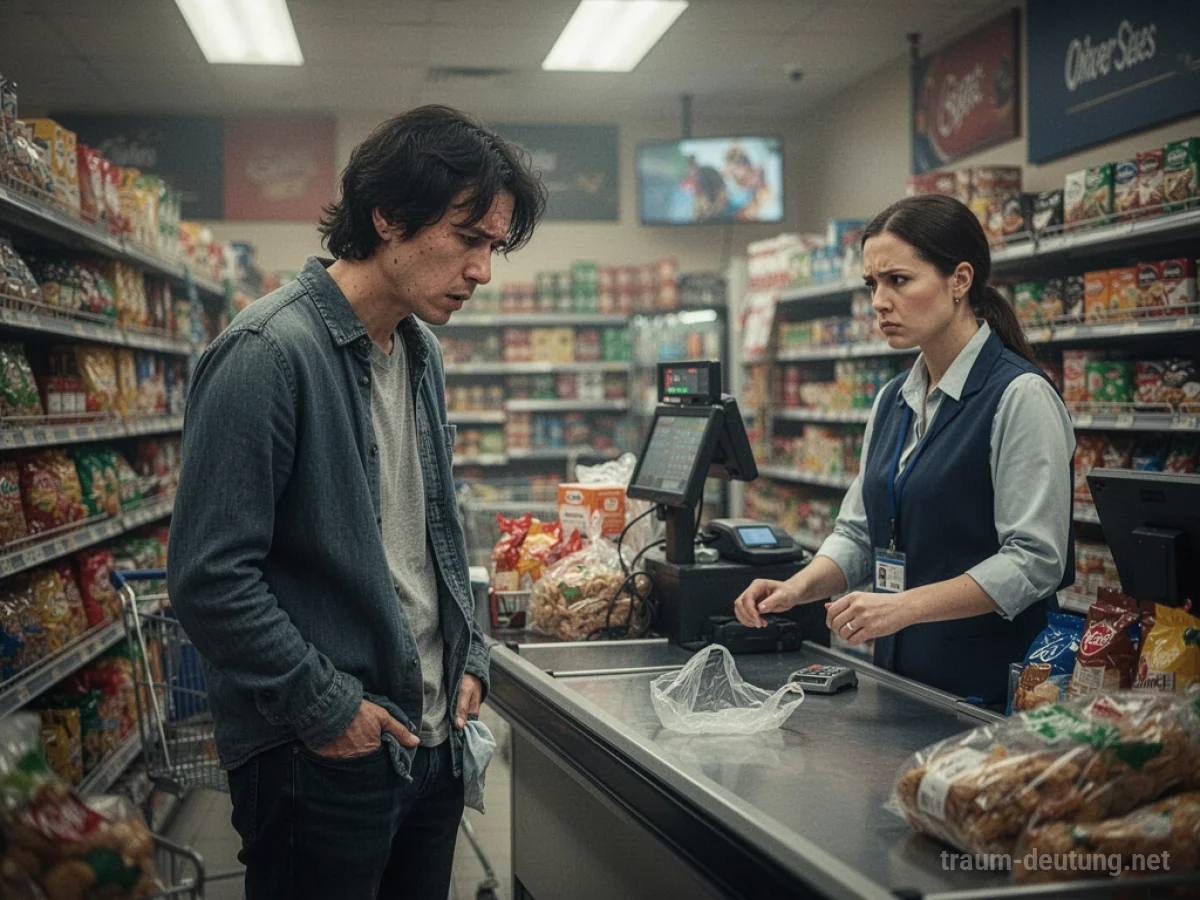 Person ohne Geld an der Supermarktkasse, steht ratlos da.