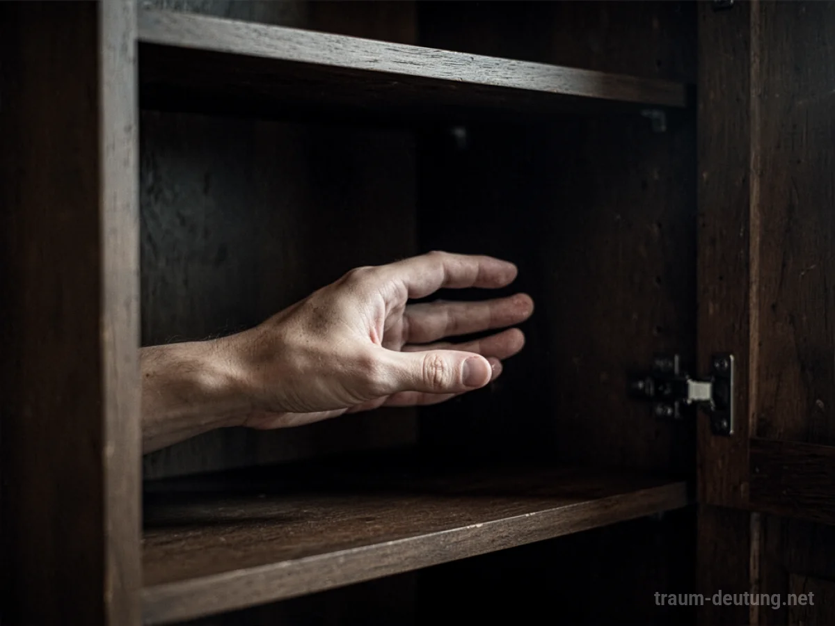 Leere Hand greift in einen dunklen Schrank, keine Schokolade sichtbar.