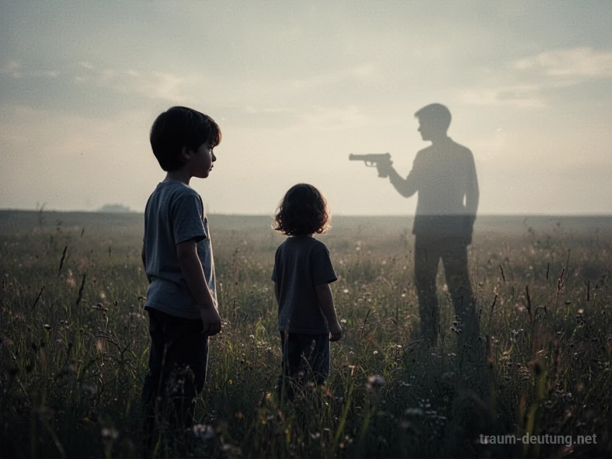 Silhouettenbild eines Kindes in einem Feld, mit einer fernen Schattenfigur.