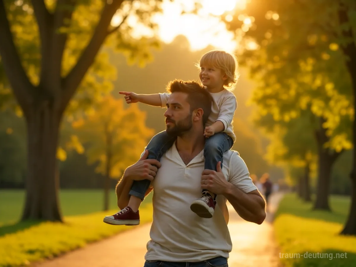 Ein Erwachsener trägt ein Kind auf seinen Schultern durch einen sonnigen Park.