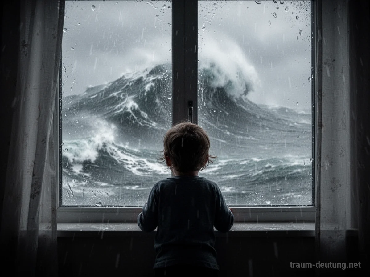 Kind schaut ängstlich aus einem Fenster in einen heftigen Sturm.
