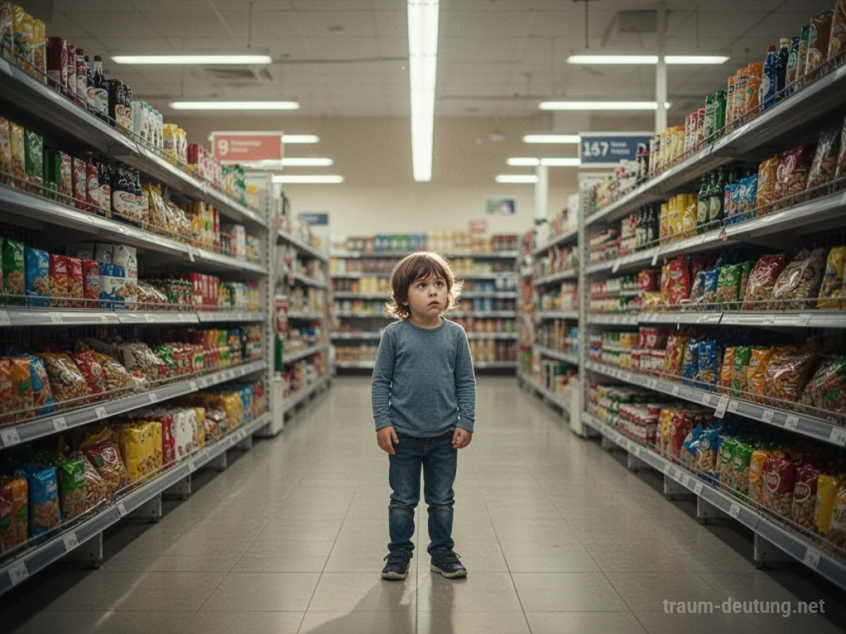 Kind steht allein in einem Supermarktgang.