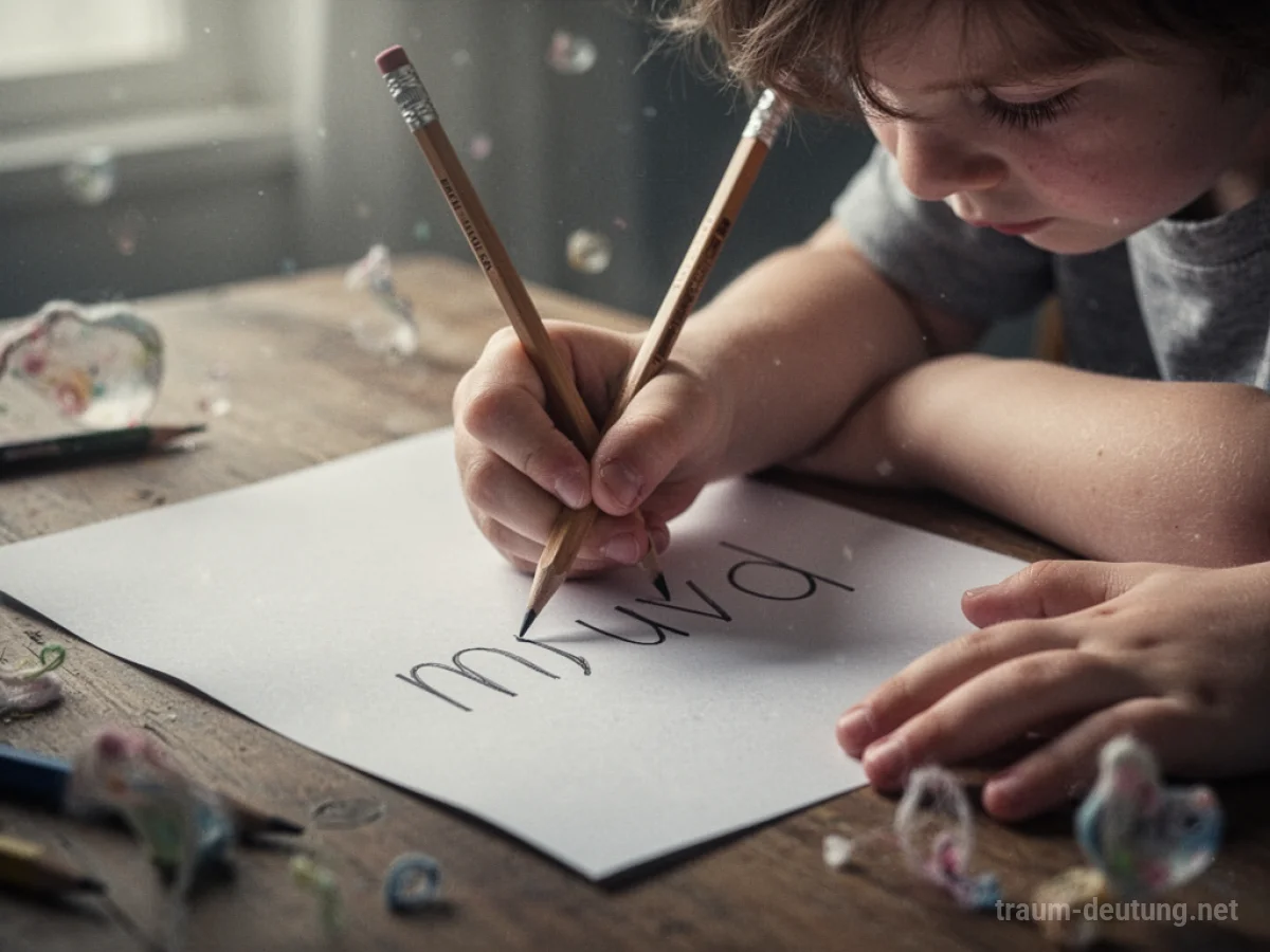 Kinderhand schreibt mit Bleistift auf Papier.