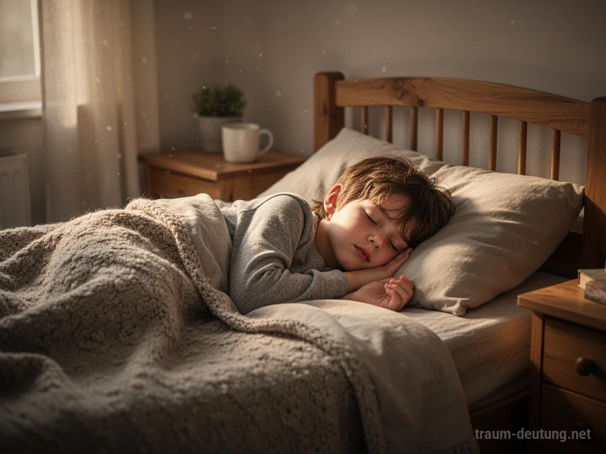 Ein Kind schläft friedlich in einem gemütlichen Bett im sanften Licht.