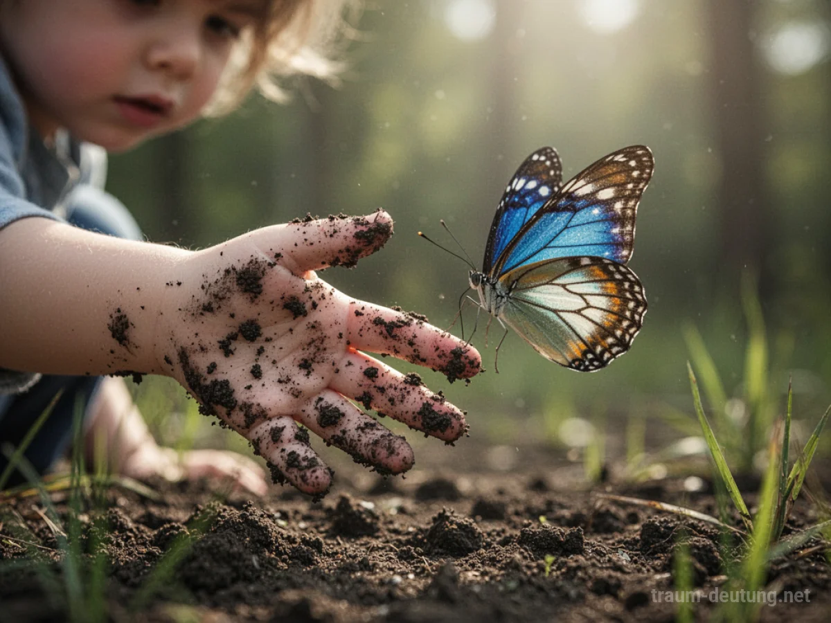 Kindeshand voller Erde, die nach einem Schmetterling greift