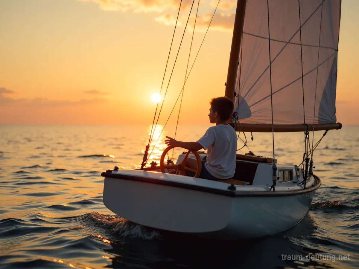 Ein Kind steuert ein Segelboot allein auf ruhigem Wasser bei Sonnenuntergang.