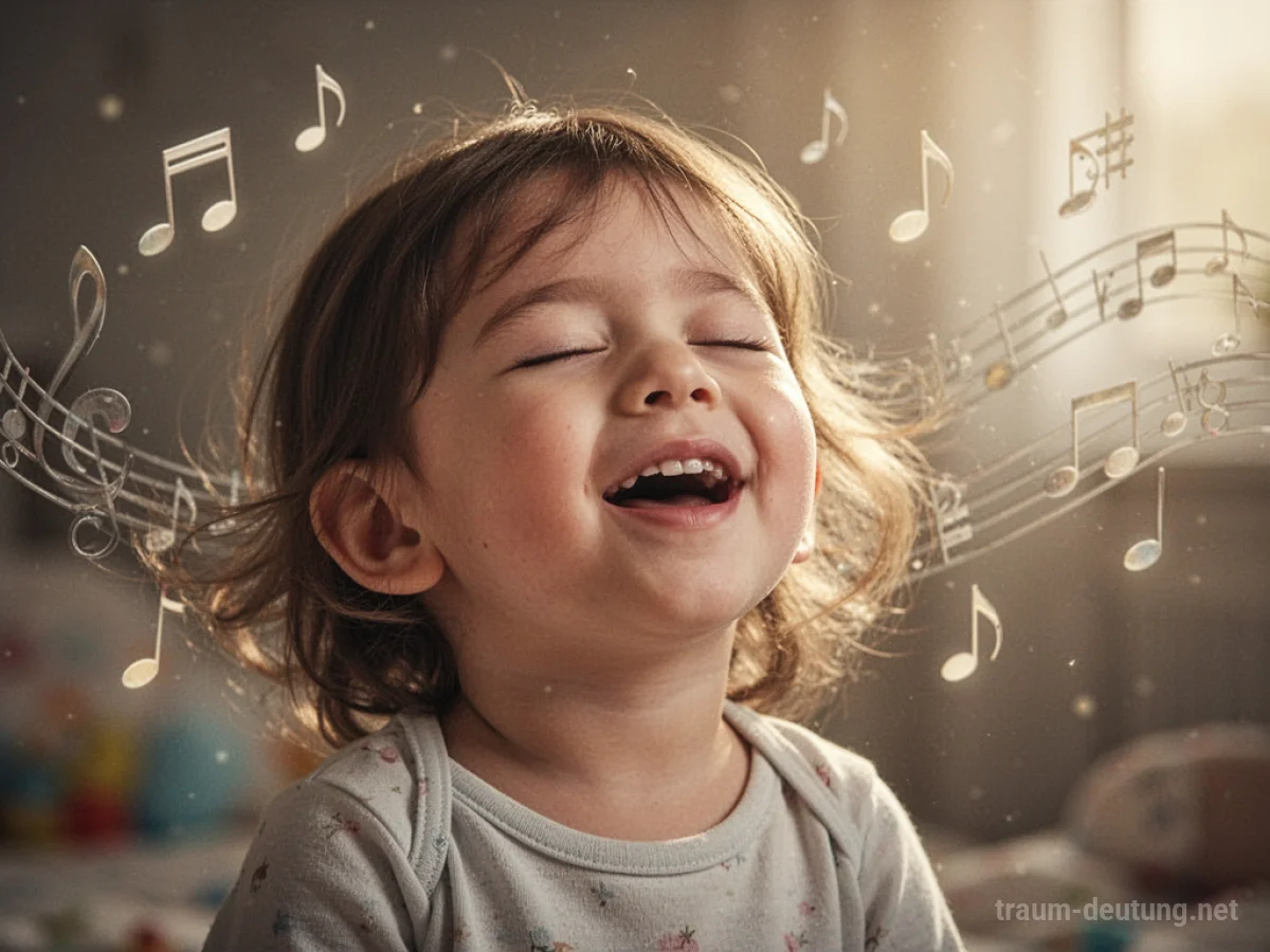 Ein fröhliches Kind singt mit geschlossenen Augen, umgeben von sanften Noten.